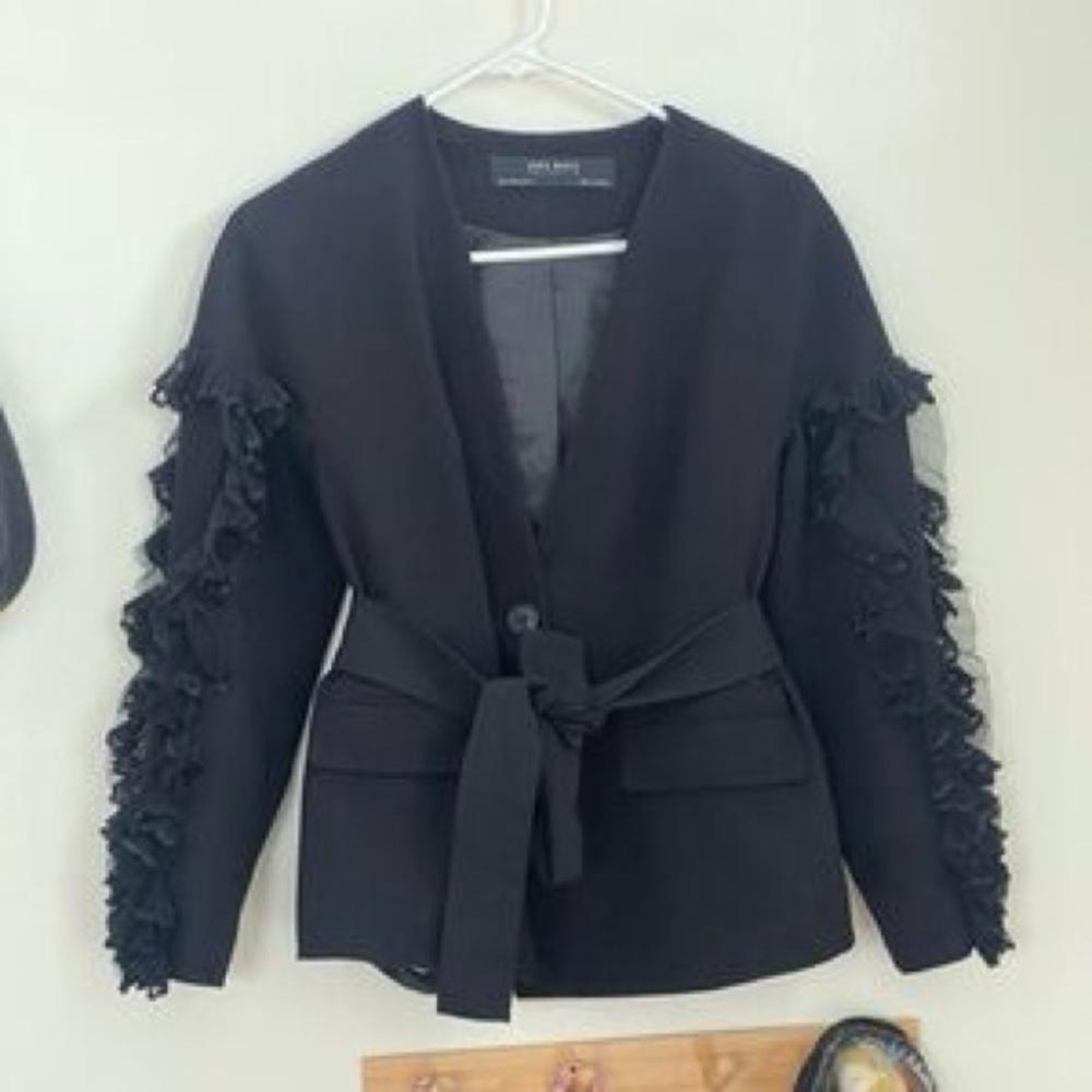 Zara Black Ruffle-Sleeve Wrap Blazer with Tie Belt